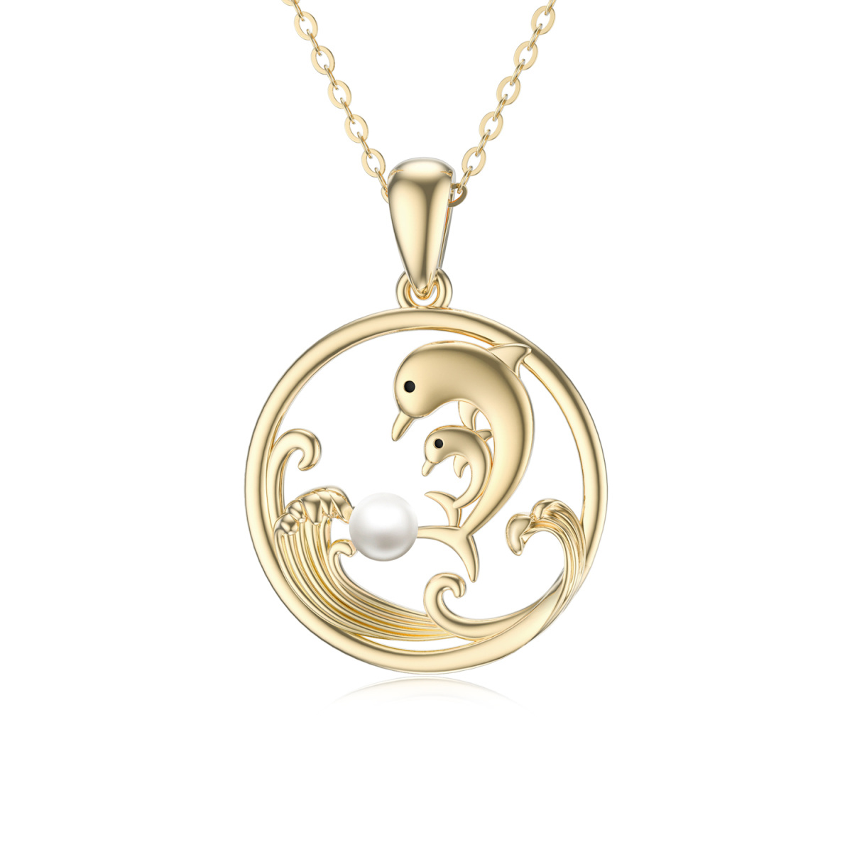 14K Gold Circular Shaped Pearl Dolphin & Spray Pendant Necklace-1