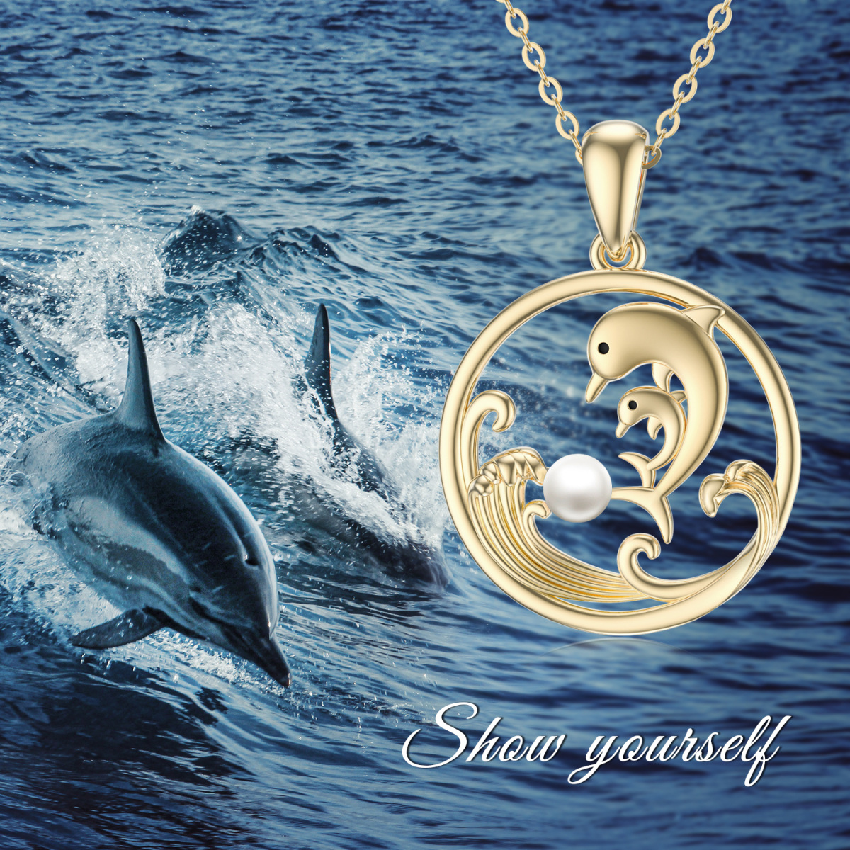 14K Gold Circular Shaped Pearl Dolphin & Spray Pendant Necklace-5