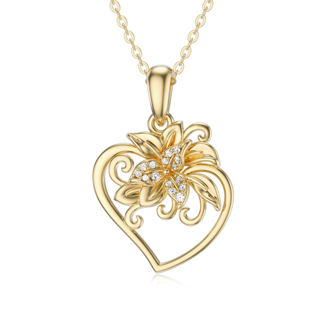 Colar feminino com pingente de coração e flor em ouro maciço 14k-0