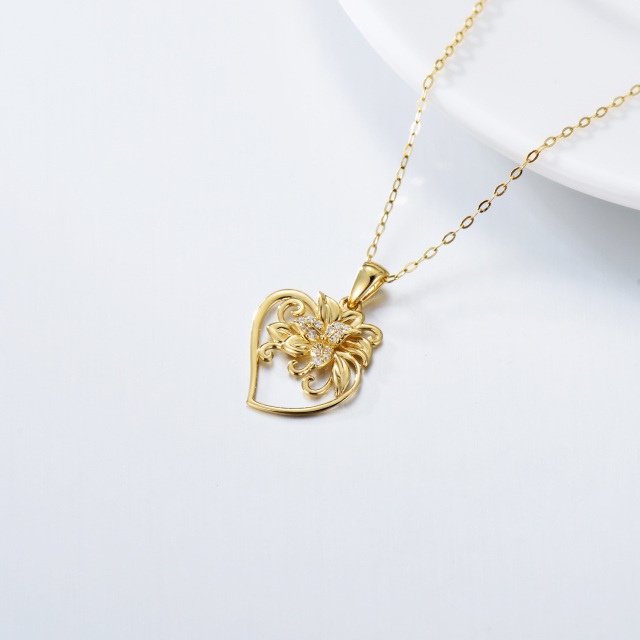 Colar feminino com pingente de coração e flor em ouro maciço 14k-3