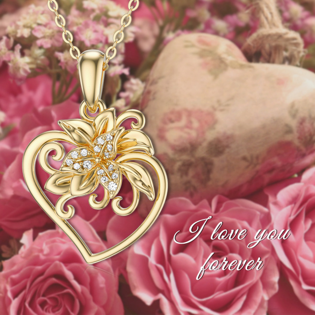 Colar feminino com pingente de coração e flor em ouro maciço 14k-4