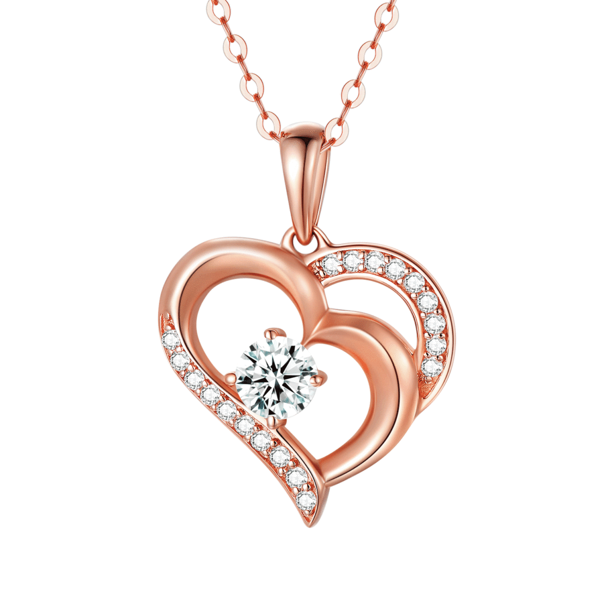 14K Rose Gold Moissanite Heart With Heart Pendant Necklace-1