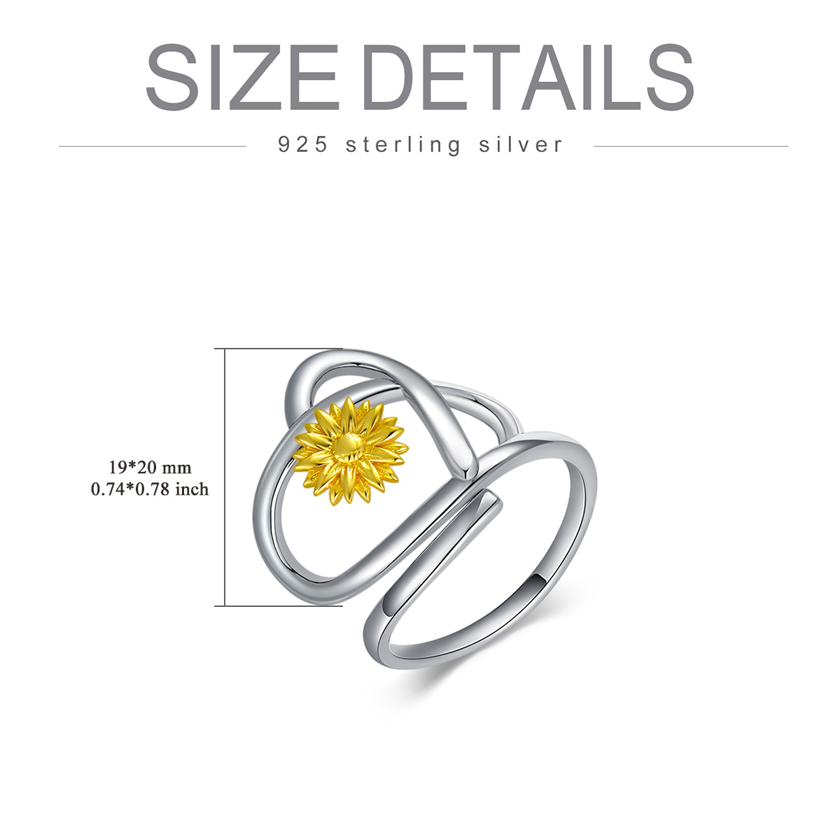 Sterling Silver Two-tone Daisy & Sunflower & Heart Ring-6