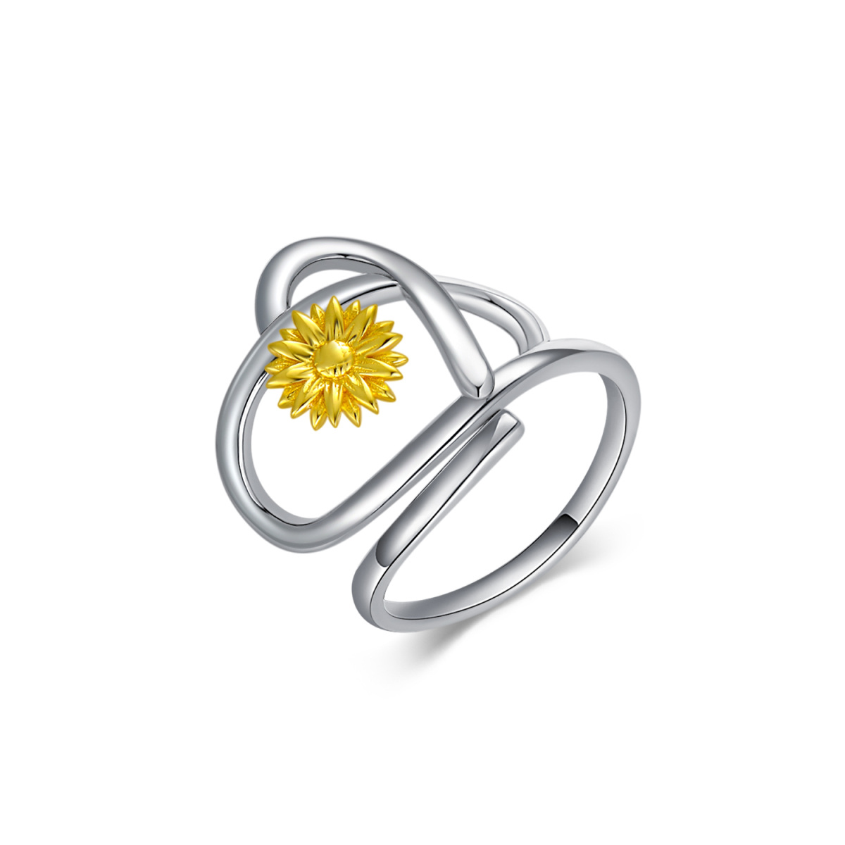 Sterling Silver Two-tone Daisy & Sunflower & Heart Ring-1