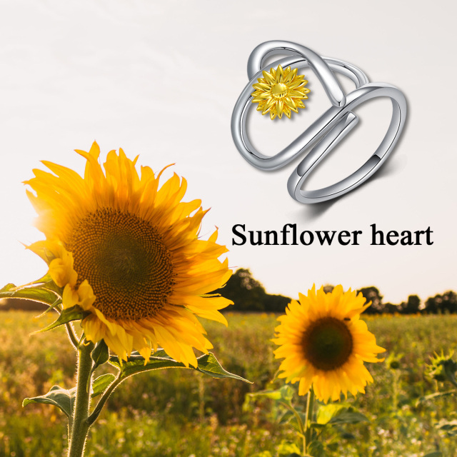 Sterling Silver Two-tone Daisy & Sunflower & Heart Ring-2