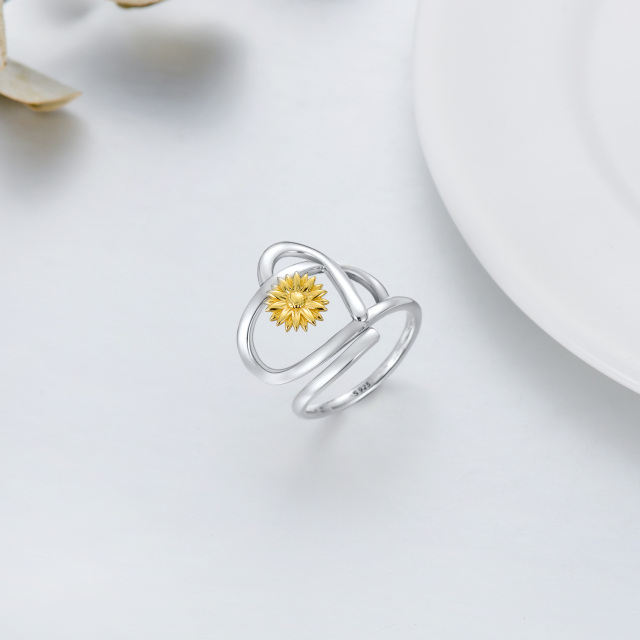 Sterling Silver Two-tone Daisy & Sunflower & Heart Ring-3