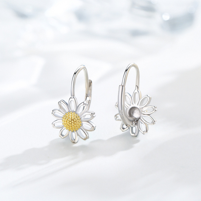 Sterling Silver Two-tone Daisy Hoop Earrings-4