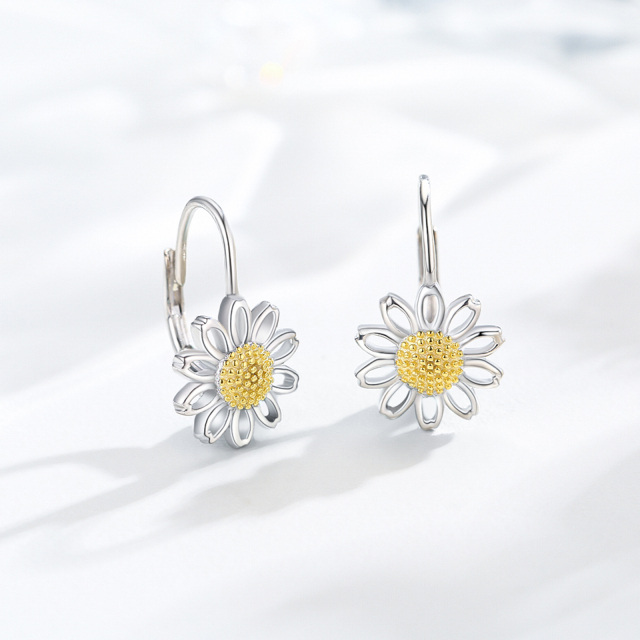 Sterling Silver Two-tone Daisy Hoop Earrings-3