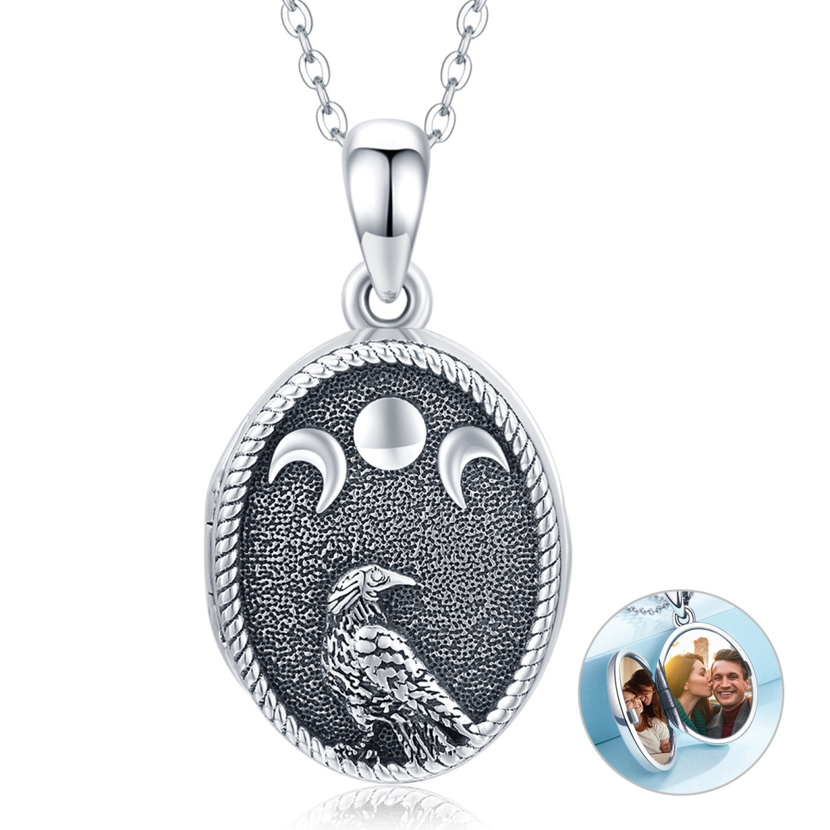 925 Silver Triple Moon Goddess Viking Odin Raven Photo Locket Necklace Customized-1