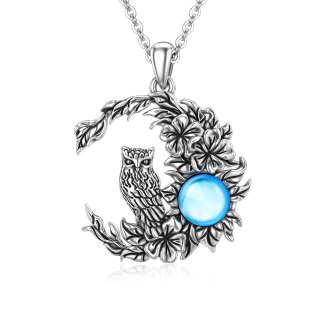 Sterling Silver Circular Shaped Moonstone Owl & Moon Pendant Necklace-1