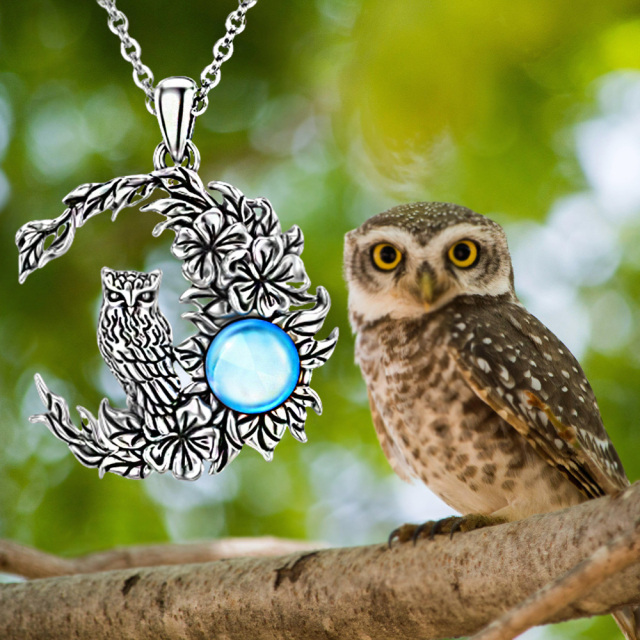 Sterling Silver Circular Shaped Moonstone Owl & Moon Pendant Necklace-5