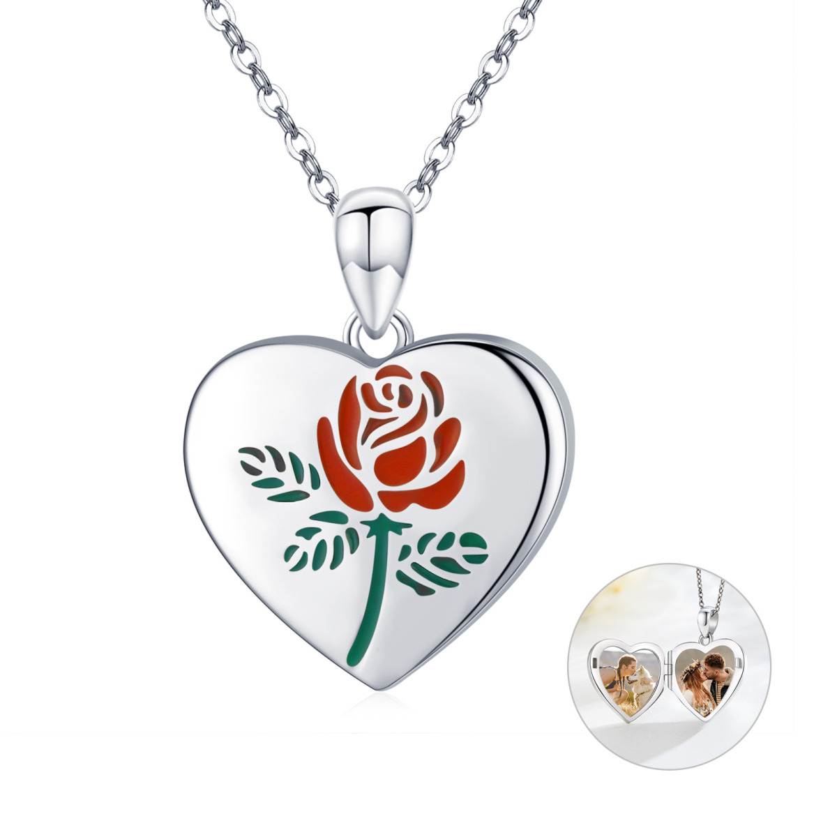 Sterling Silver Rose & Heart Personalized Photo Locket Necklace-1