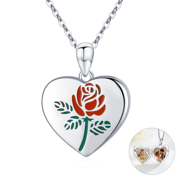 Sterling Silver Rose & Heart Personalized Photo Locket Necklace-0