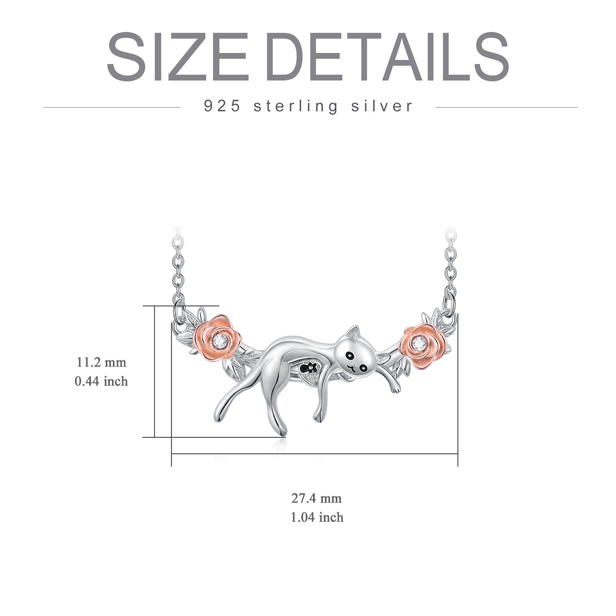 Sterling Silber zweifarbig rund Zirkon Katze & Rose Anhänger Halskette-5