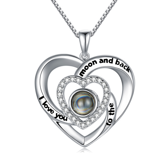 Sterling Silver Circular Shaped Projection Stone Heart Pendant Necklace with Engraved Word-1