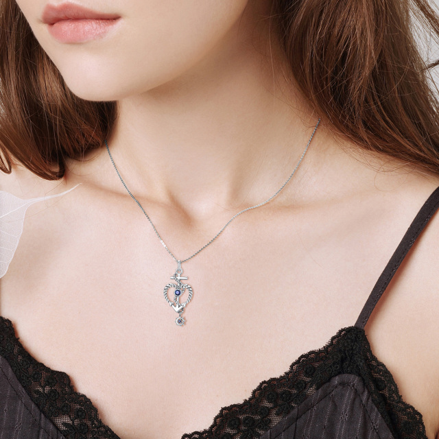 Sterling Silver Circular Shaped Cubic Zirconia Anchor & Cross & Heart Pendant Necklace-1