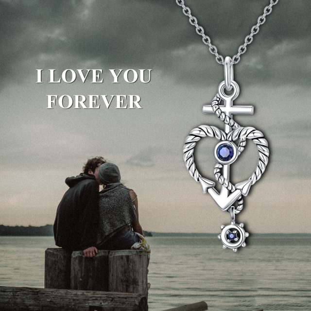 Sterling Silver Circular Shaped Cubic Zirconia Anchor & Cross & Heart Pendant Necklace-5