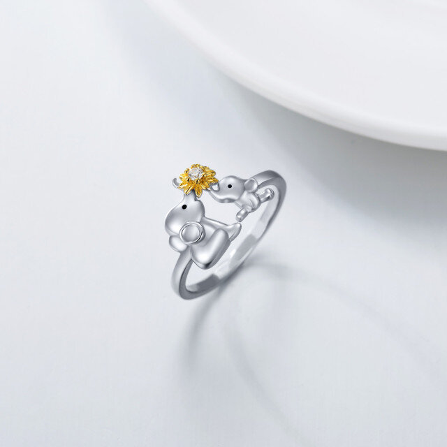 Sterling Silver Two-tone Circular Shaped Cubic Zirconia Elephant & Sunflower Ring-2