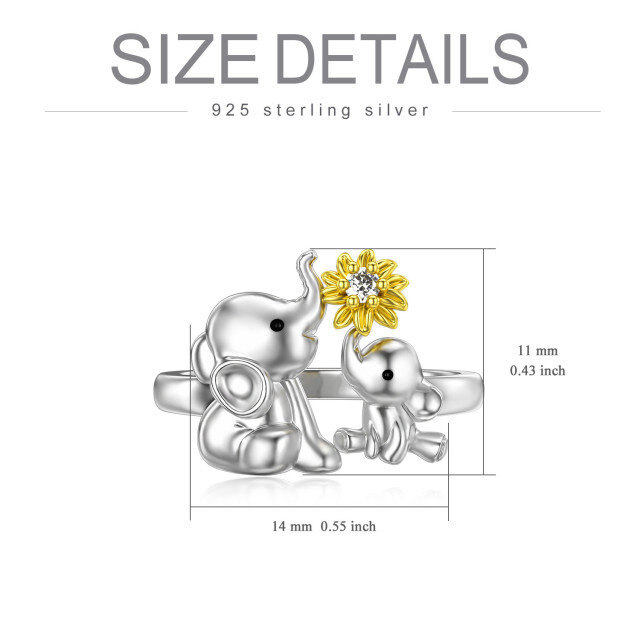 Zweifarbiger, kreisförmiger Ring aus Sterlingsilber mit Elefanten- und Sonnenblumenmotiv und Zirkonia-4