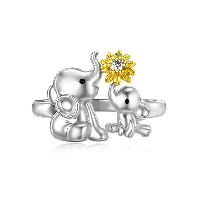Sterling Silver Two-tone Circular Shaped Cubic Zirconia Elephant & Sunflower Ring-0