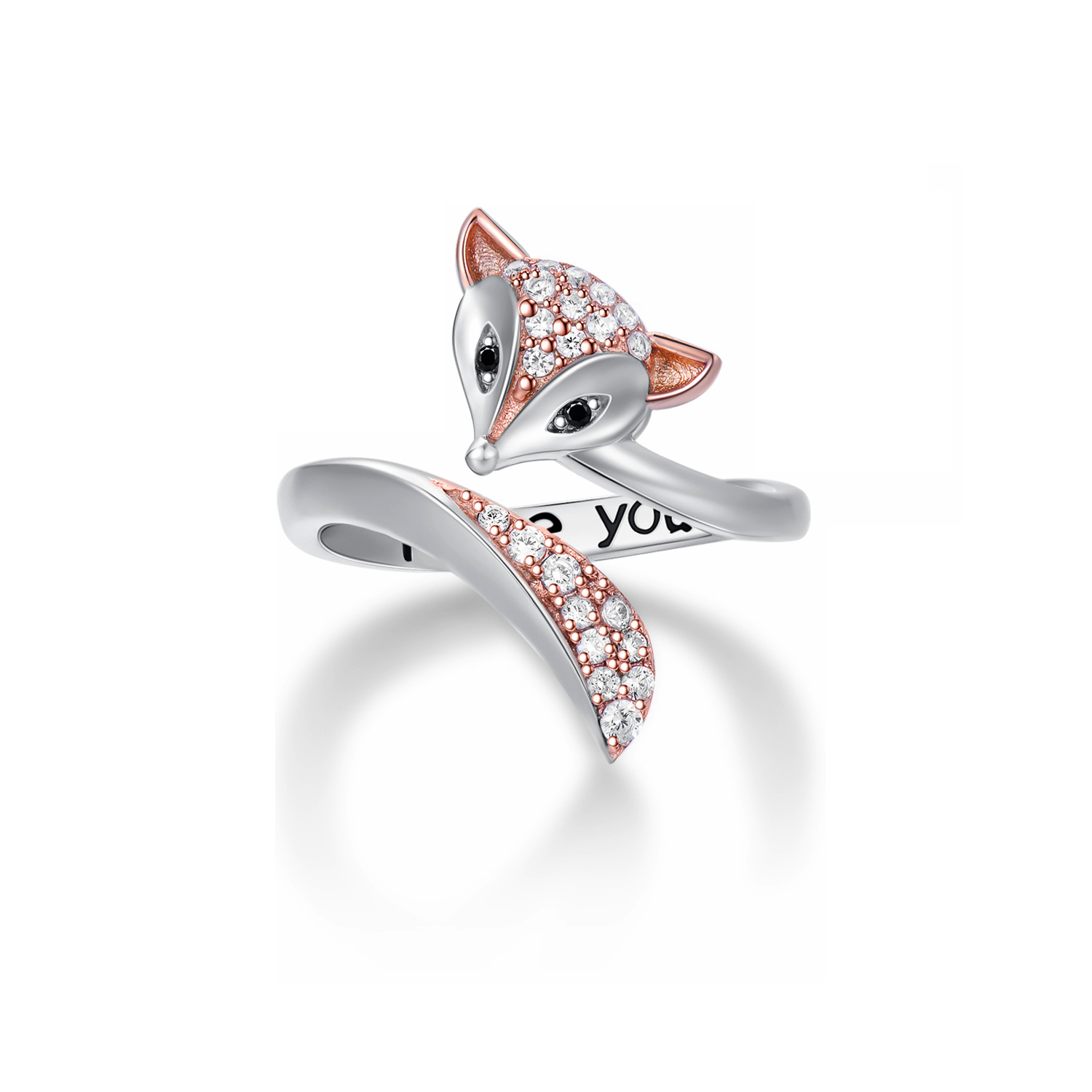 Sterling Silver Cubic Zirconia Fox Open Ring with Engraved Word-48