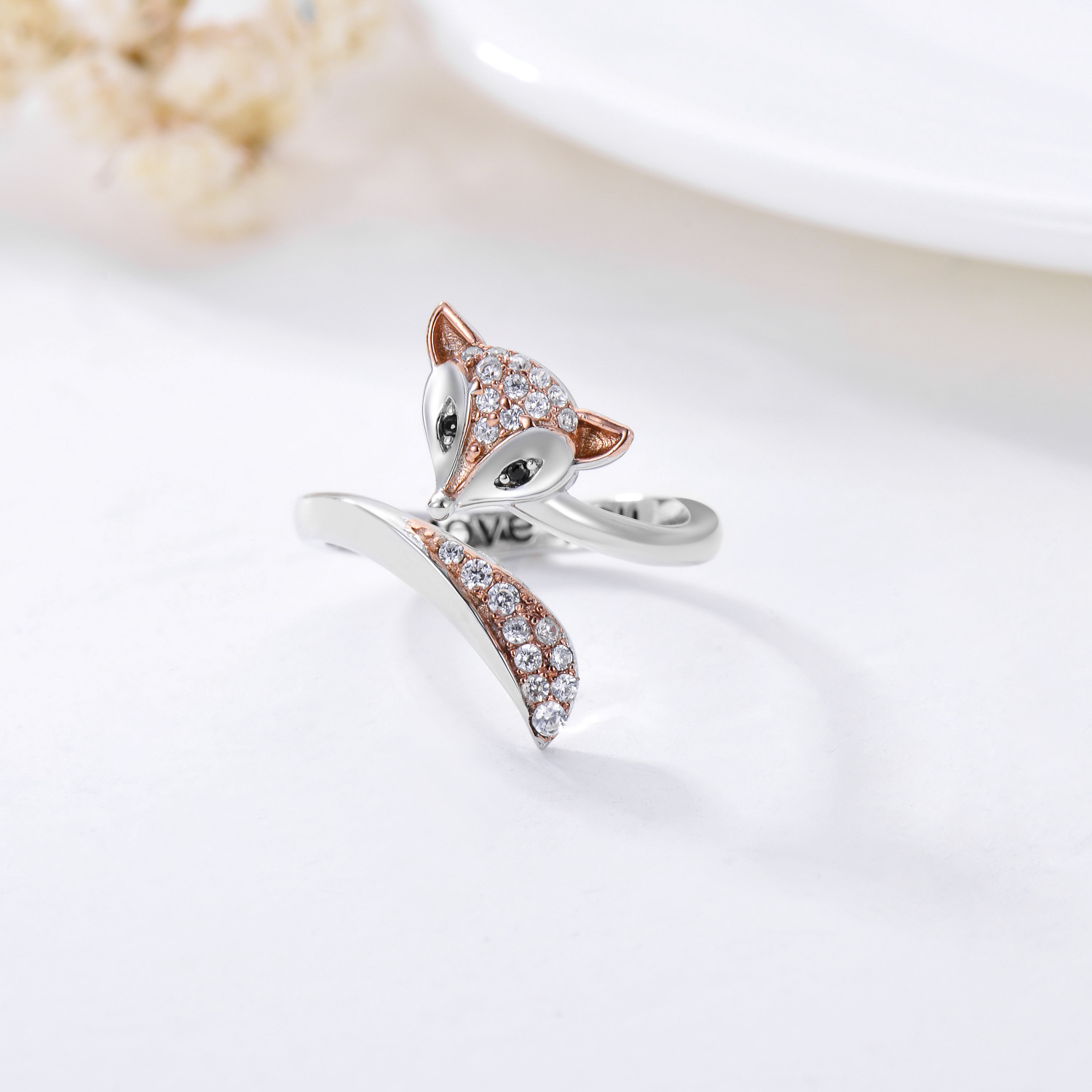 Sterling Silver Cubic Zirconia Fox Open Ring with Engraved Word-3