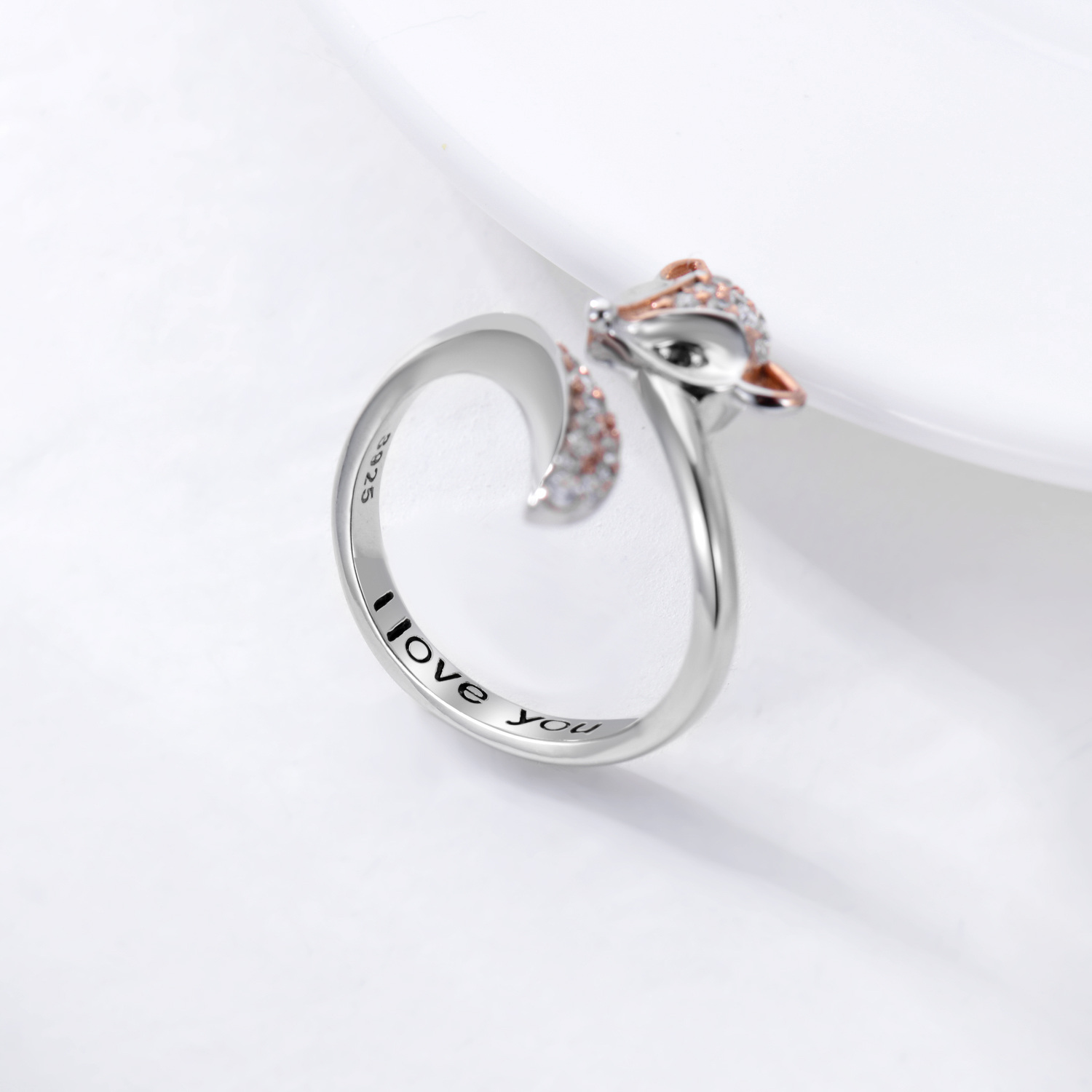 Sterling Silver Cubic Zirconia Fox Open Ring with Engraved Word-5