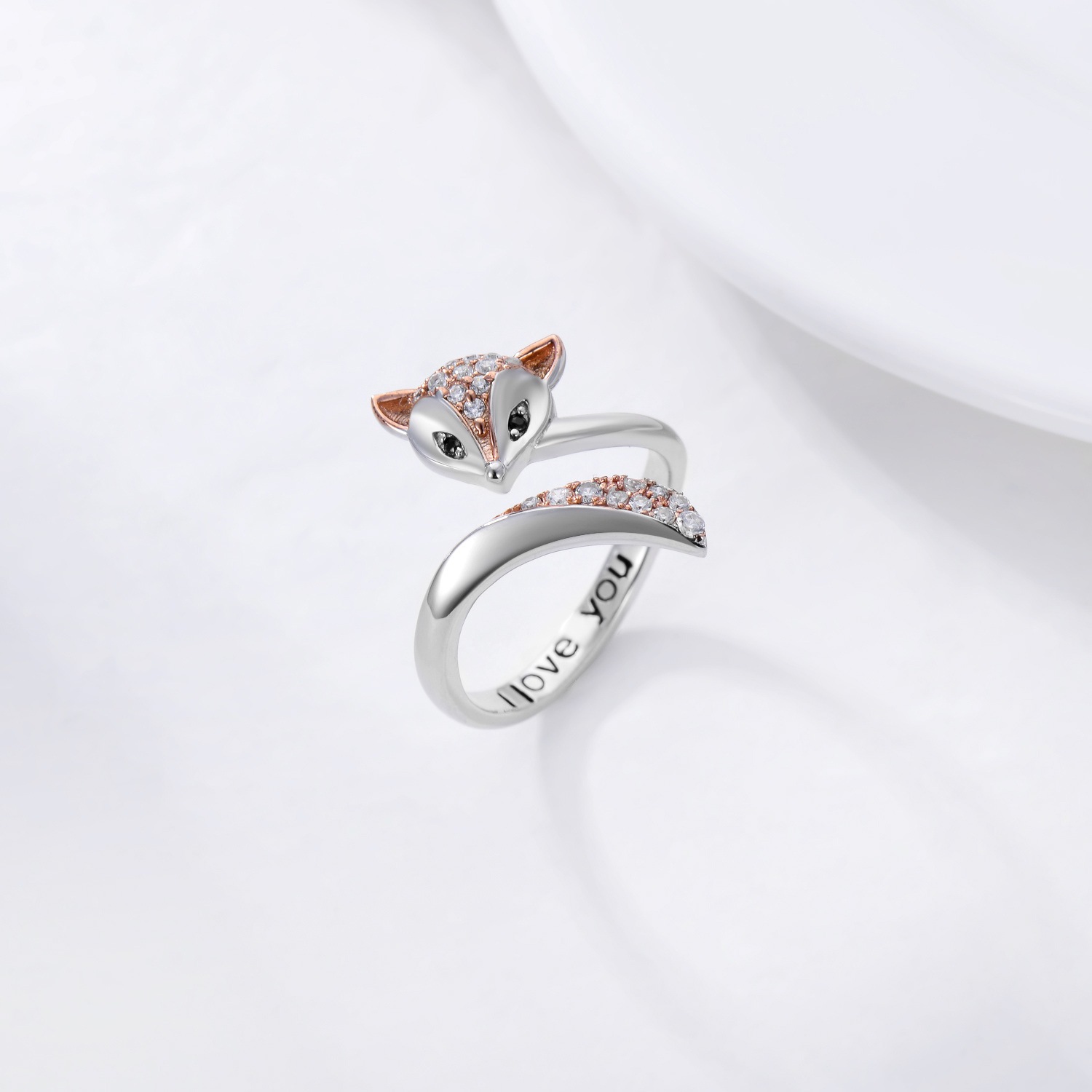 Sterling Silver Cubic Zirconia Fox Open Ring with Engraved Word-4