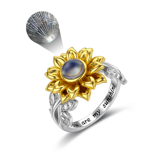 Sterling Silver Two-tone Circular Shaped Projection Stone Sunflower Ring with Engraved Word-0