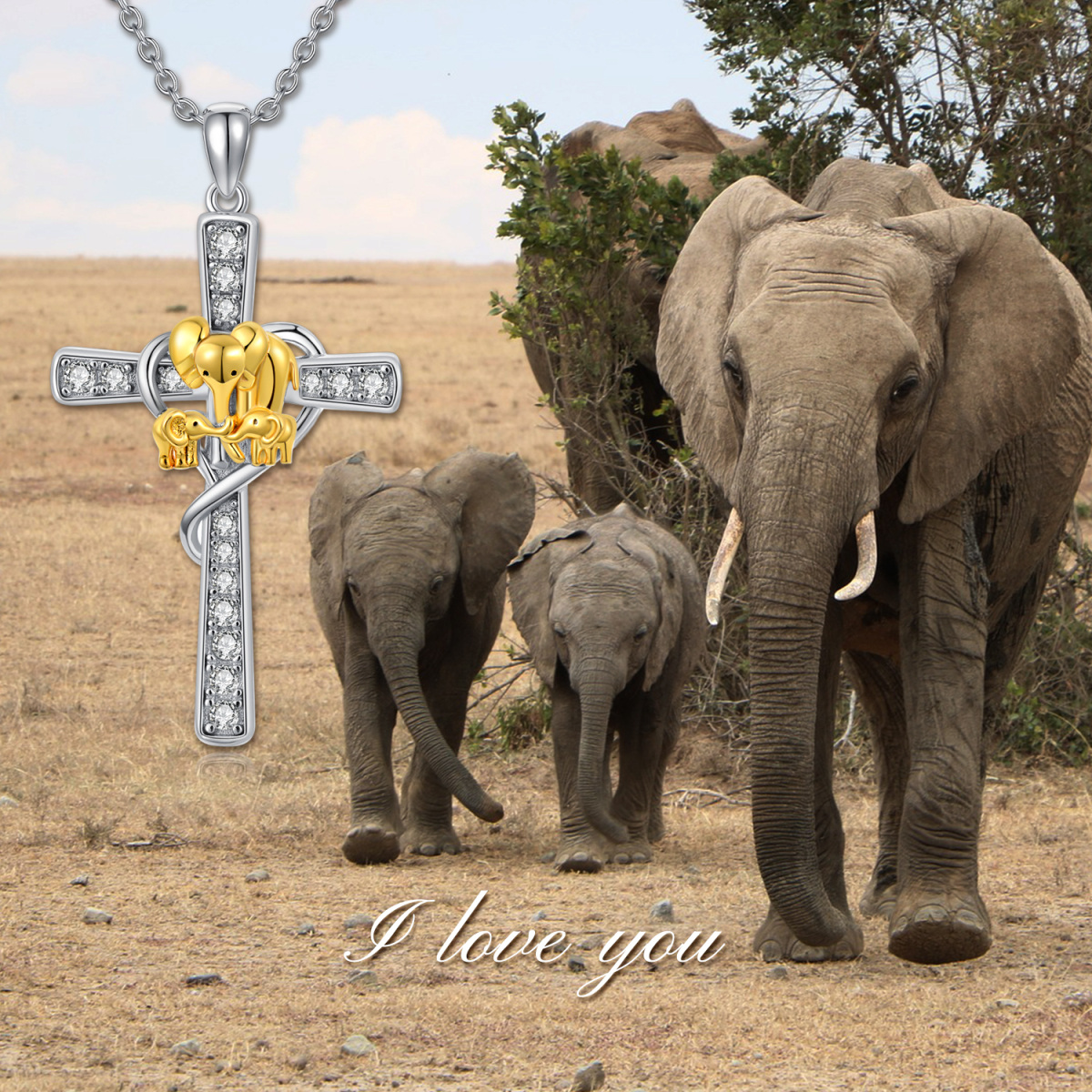 Sterling Silver Two-tone Circular Shaped Cubic Zirconia Elephant & Cross Pendant Necklace-5