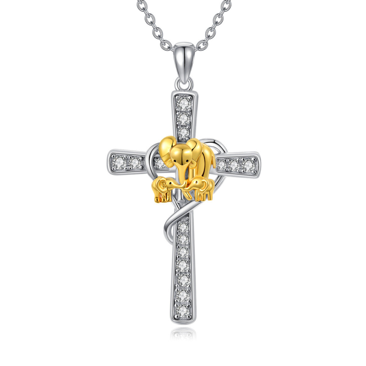Sterling Silver Two-tone Circular Shaped Cubic Zirconia Elephant & Cross Pendant Necklace-1