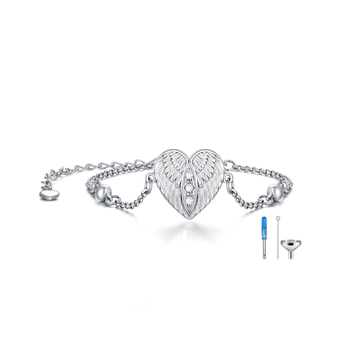 Sterling Silver Round Cubic Zirconia Angel Wing & Heart Urn Bracelet for Ashes with Engraved Word-1