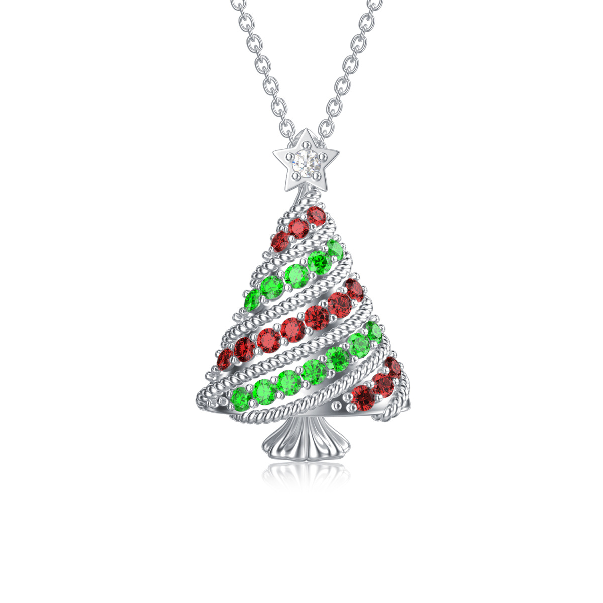 Sterling Silver Round Cubic Zirconia Christmas Tree Pendant Necklace-1