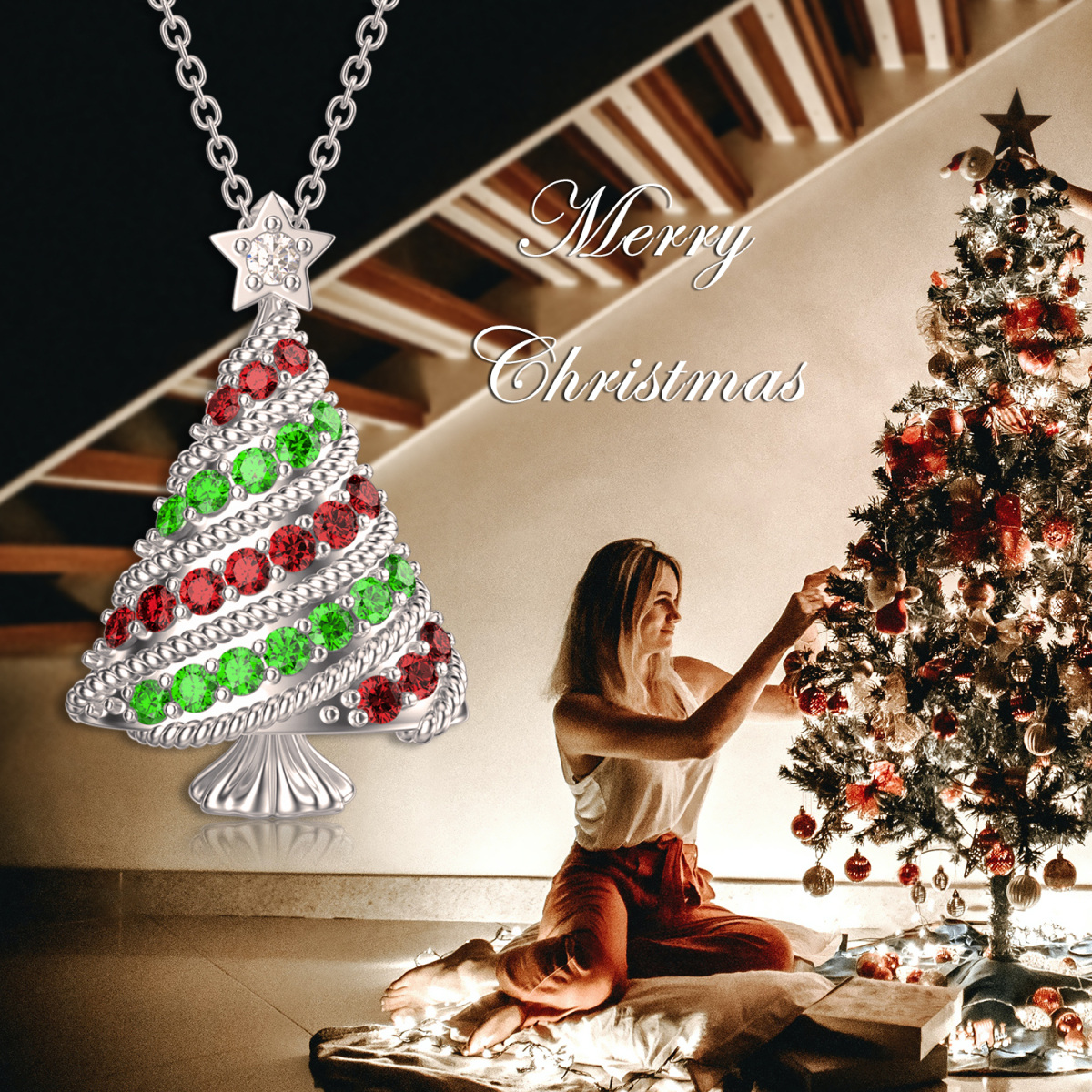Sterling Silver Round Cubic Zirconia Christmas Tree Pendant Necklace-6