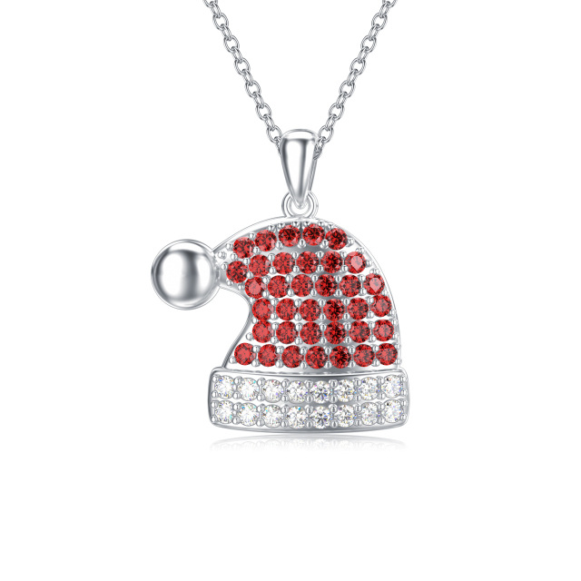 Sterling Silver Round Cubic Zirconia Christmas Hat Pendant Necklace-5