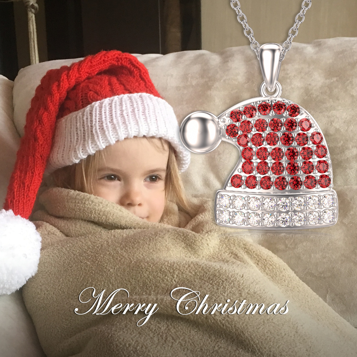 Sterling Silver Round Cubic Zirconia Christmas Hat Pendant Necklace-5