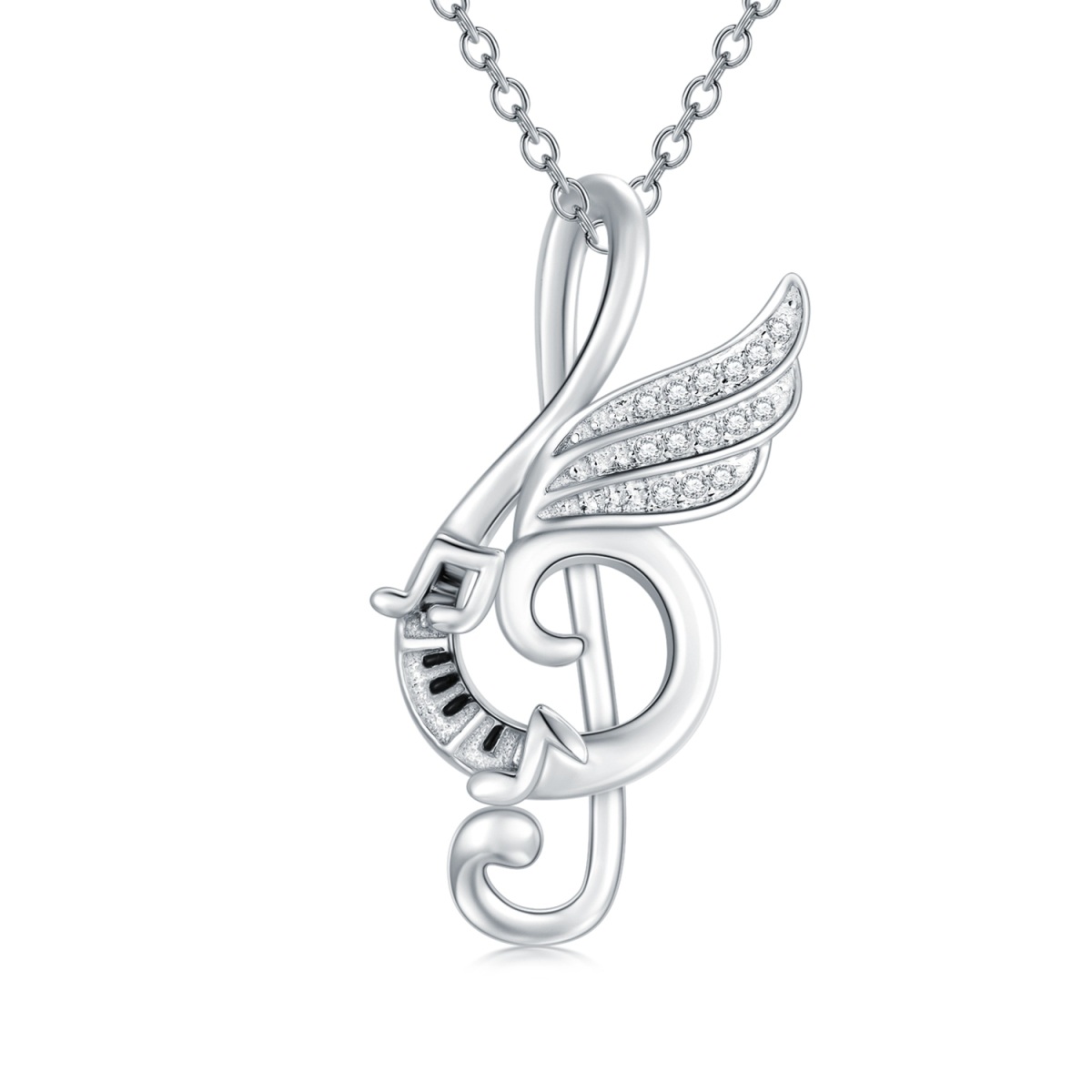 Sterling Silver Round Cubic Zirconia Music Symbol Pendant Necklace-1