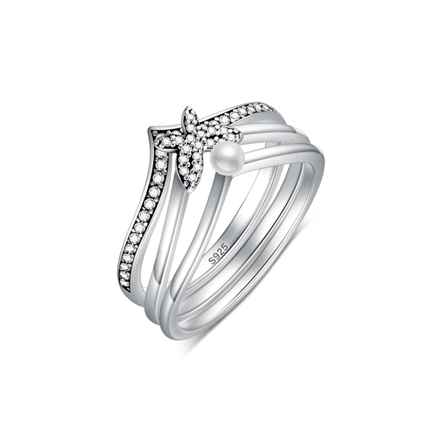 Sterling Silver Cubic Zirconia & Pearl Butterfly Stackable Ring-2