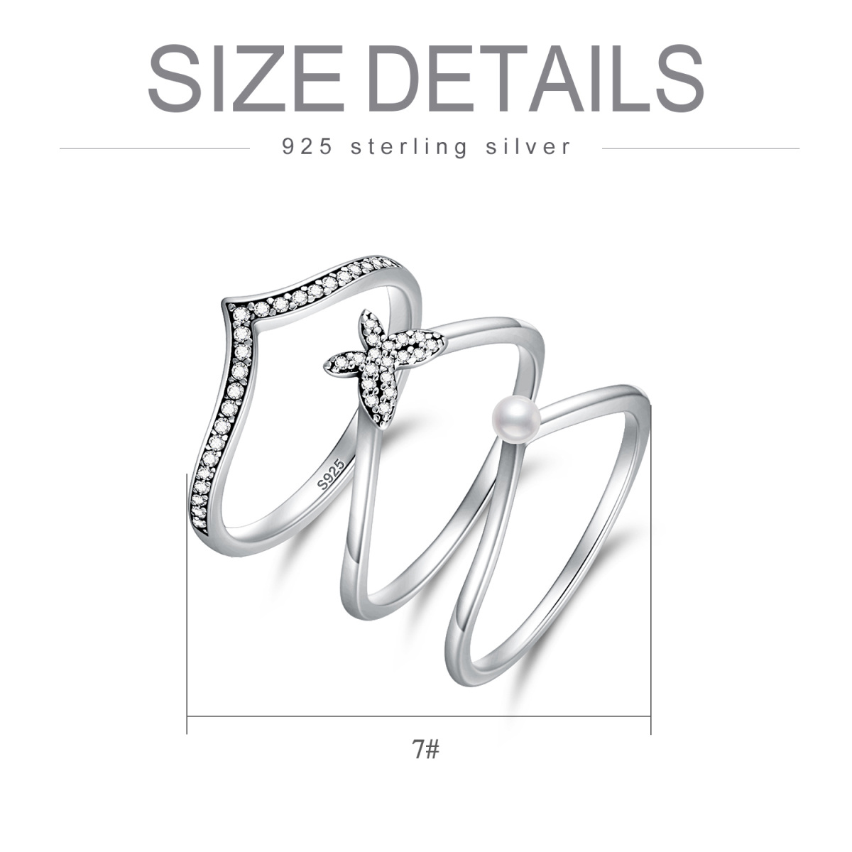 Stapelbarer Ring aus Sterlingsilber mit Zirkonia und Perle und Schmetterling-6