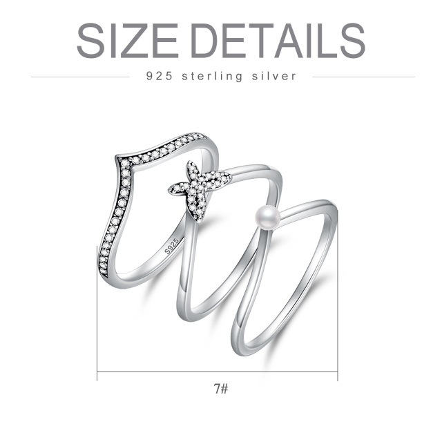 Stapelbarer Ring aus Sterlingsilber mit Zirkonia und Perle und Schmetterling-5
