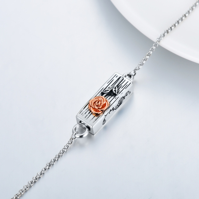 Pulseira de prata esterlina com rosa e barra para urna de cinzas com palavra gravada-3