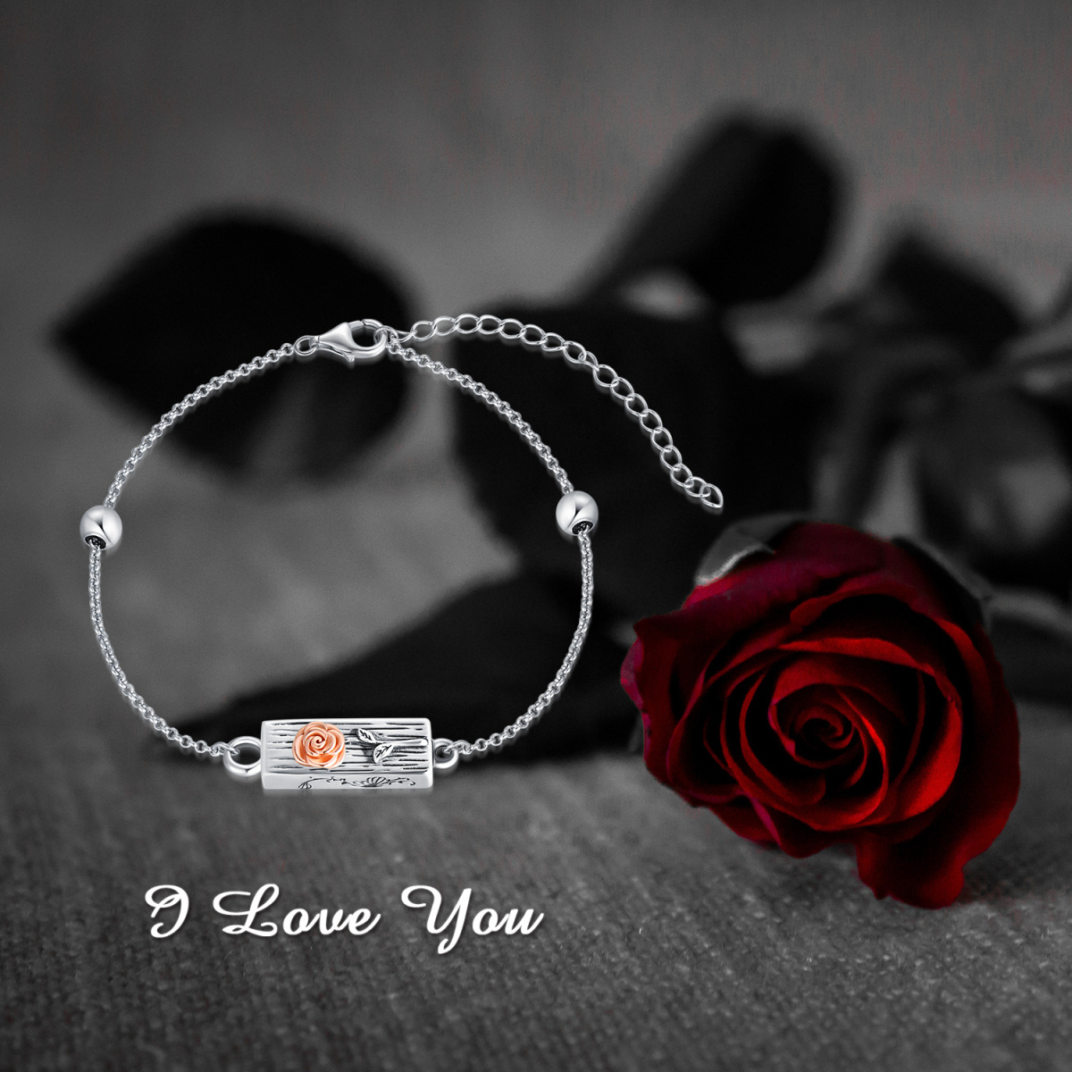 Bracelet d'urne en argent sterling avec rose et barre pour cendres avec mot gravé-6