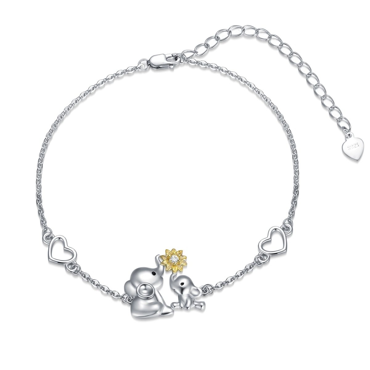 Sterling Silver Two-tone Circular Shaped Cubic Zirconia Elephant & Sunflower & Heart Pendant Bracelet-1