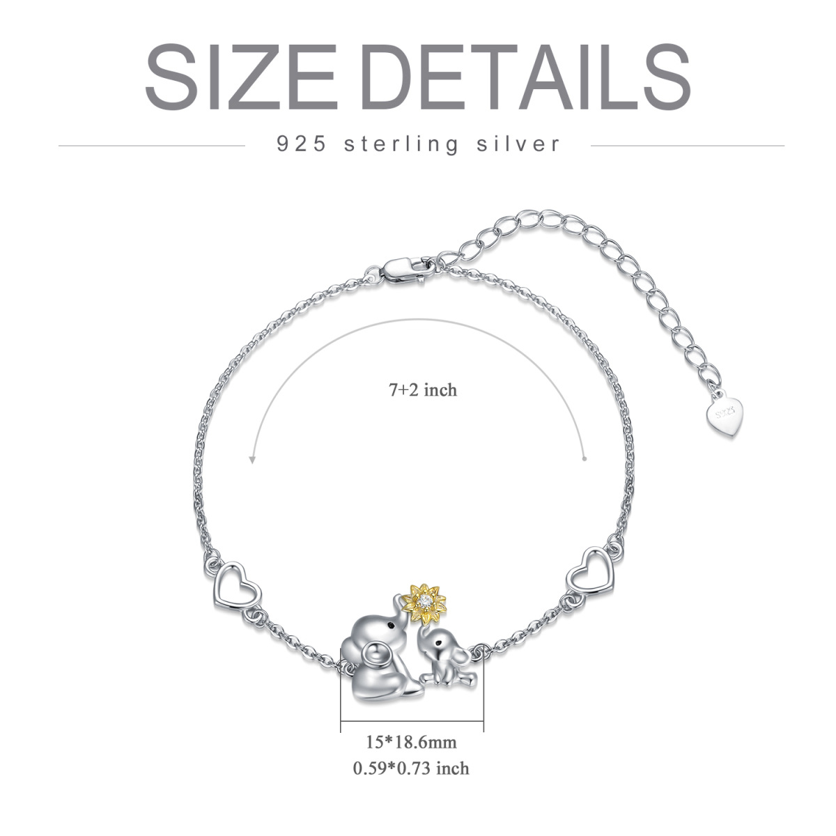 Sterling Silver Two-tone Circular Shaped Cubic Zirconia Elephant & Sunflower & Heart Pendant Bracelet-5