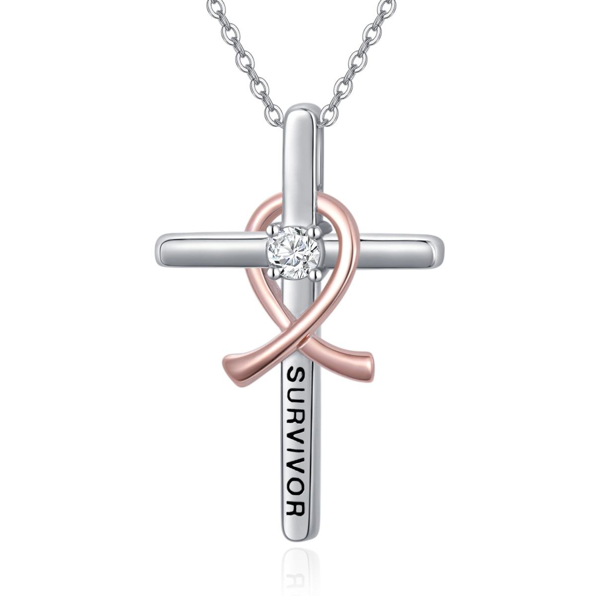 Sterling Silver Two-tone Circular Shaped Cubic Zirconia Cross & Ribbon Pendant Necklace-1