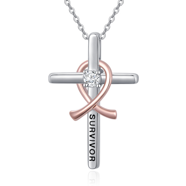 Sterling Silver Two-tone Circular Shaped Cubic Zirconia Cross & Ribbon Pendant Necklace-3