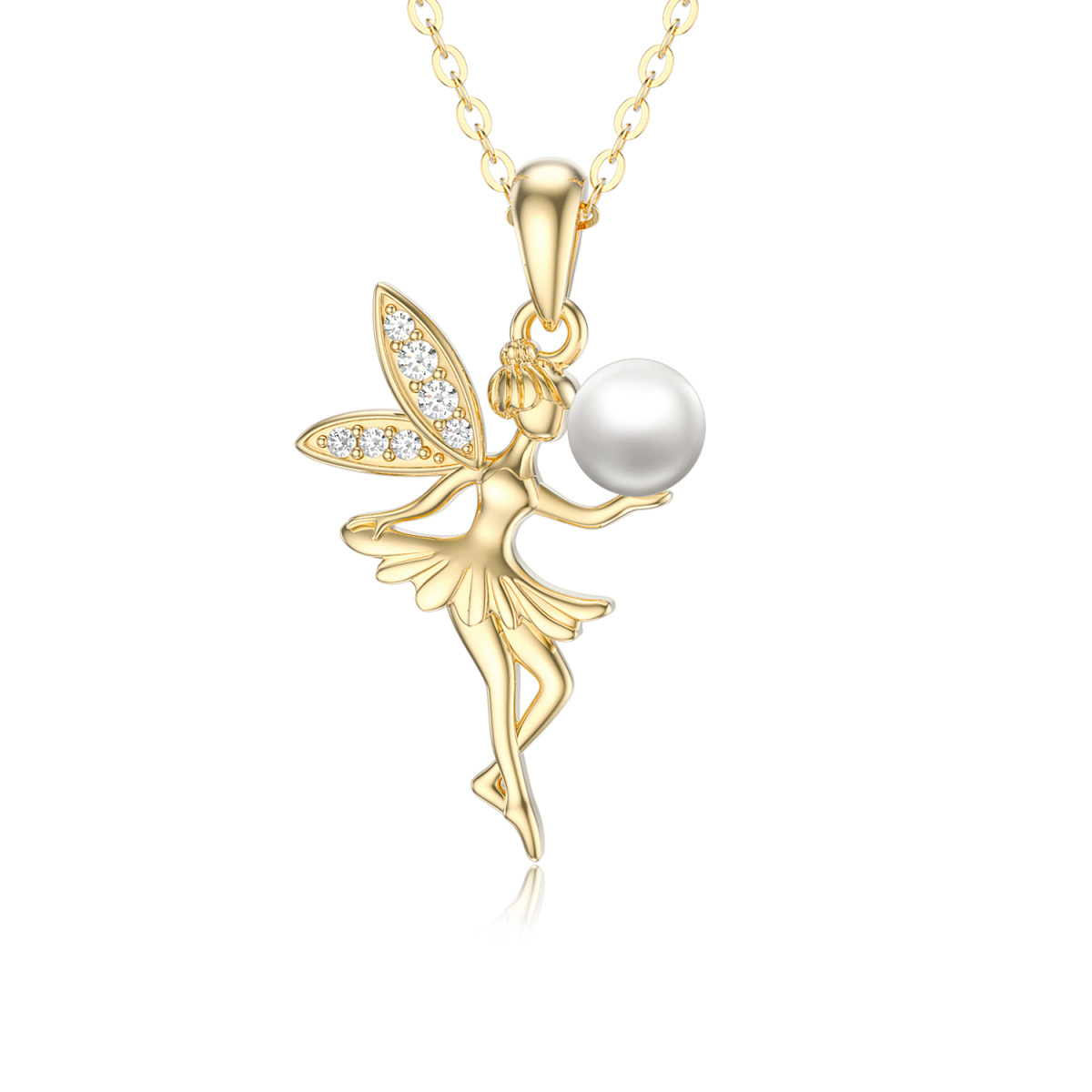 14K Gold Cubic Zirconia & Pearl Fairy Pendant Necklace-1