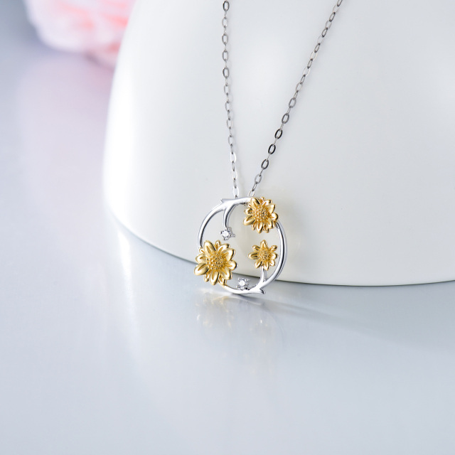 14K White Gold & Yellow Gold Cubic Zirconia Sunflower Pendant Necklace-2