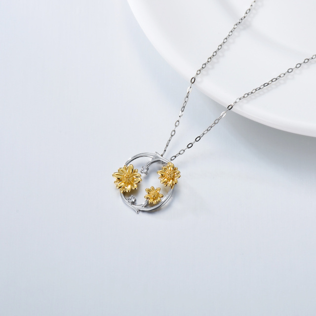 14K White Gold & Yellow Gold Cubic Zirconia Sunflower Pendant Necklace-3