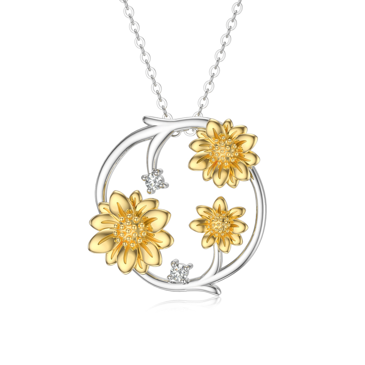14K White Gold & Yellow Gold Cubic Zirconia Sunflower Pendant Necklace-1